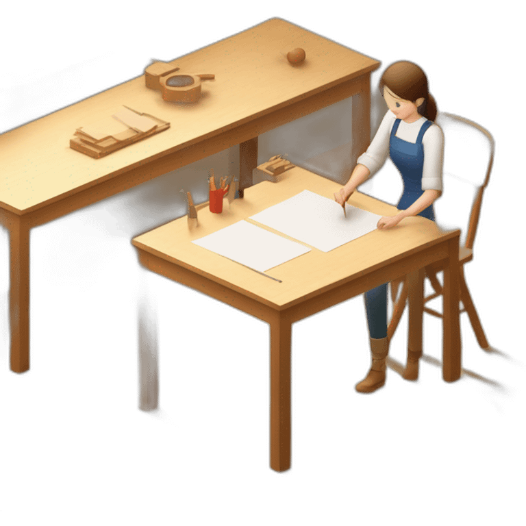 isometric square transparent solid outline border containing indoor workshop woodworking teacher with student teaching inside building on long table emoji