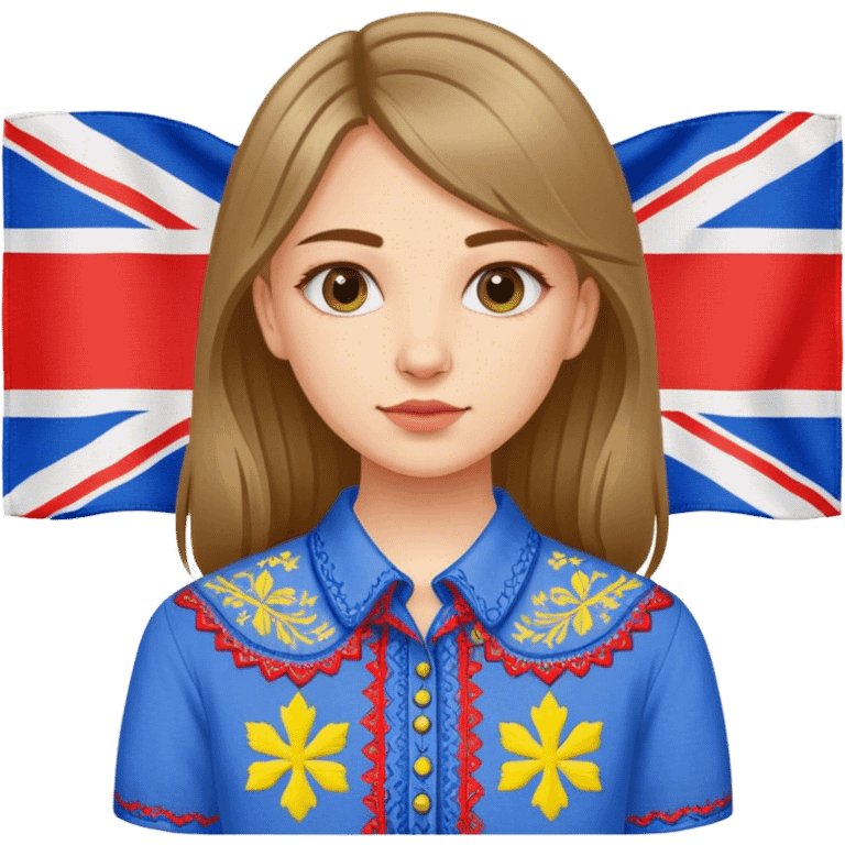 Ukrainian girl in an embroidered shirt against the background of the British flag emoji