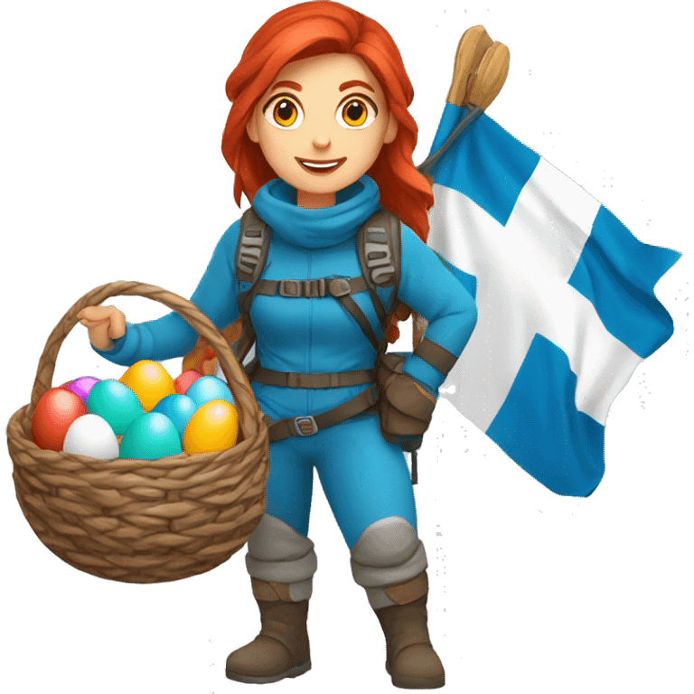 Greek Female winter mountaineer red hair white skin climbing with Greek Flag and Easter eggs basket emoji