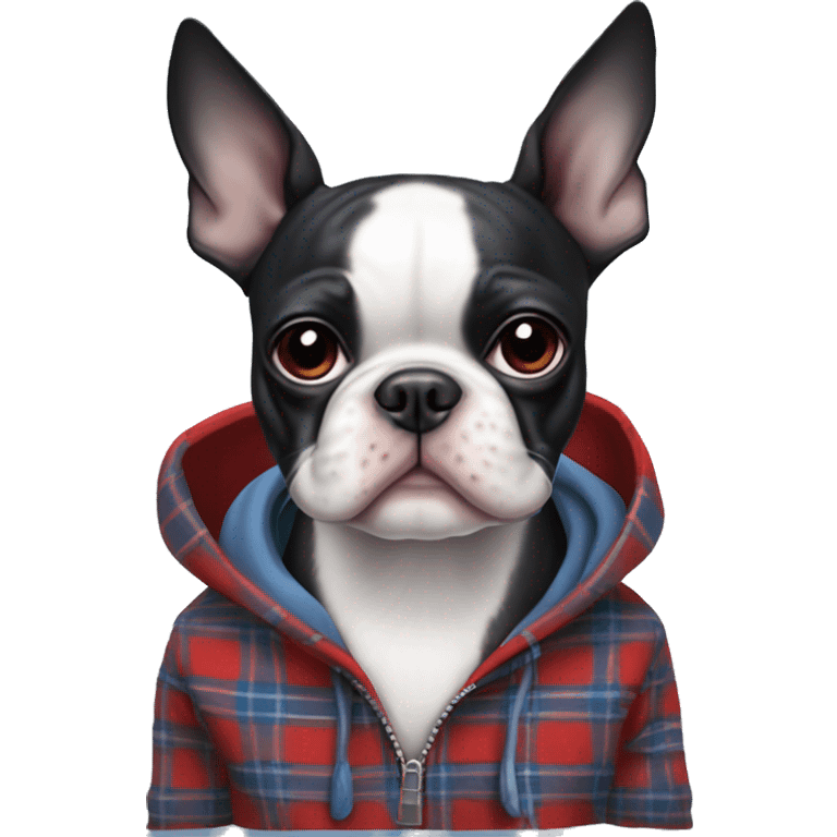 Boston terrier in a blue white red plaid hoodie ￼ emoji