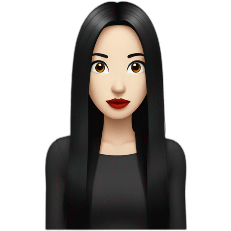 long straight black hair, red lipstick, black eyes, white skin and a small nose emoji