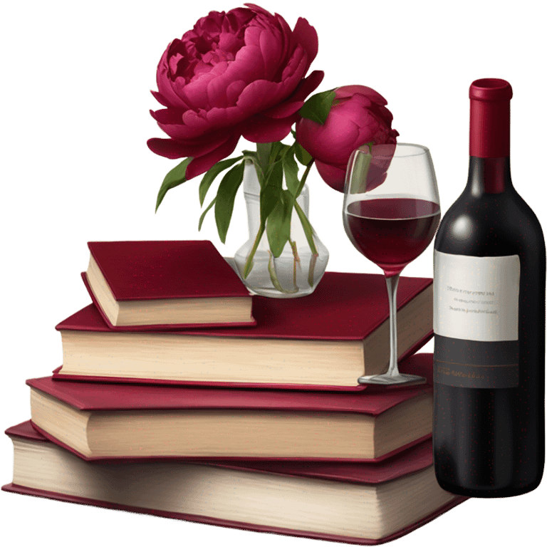 A crimson stack of books with deep red peonies and a glass of red wine emoji