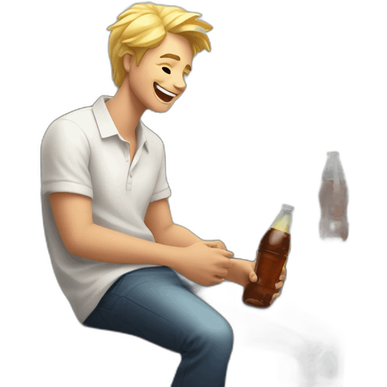 A blond male student in a white shirt with a bottle of soda in an open pose laughs on a bench emoji