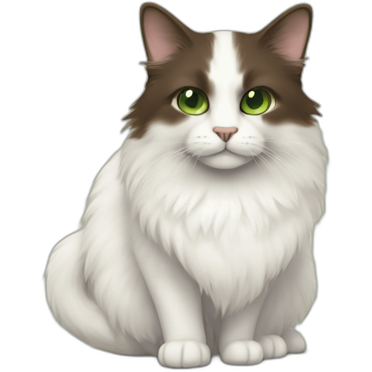 white fluffy bi-colour cat with dark brown ears and upper head, brown ears and green eyes emoji