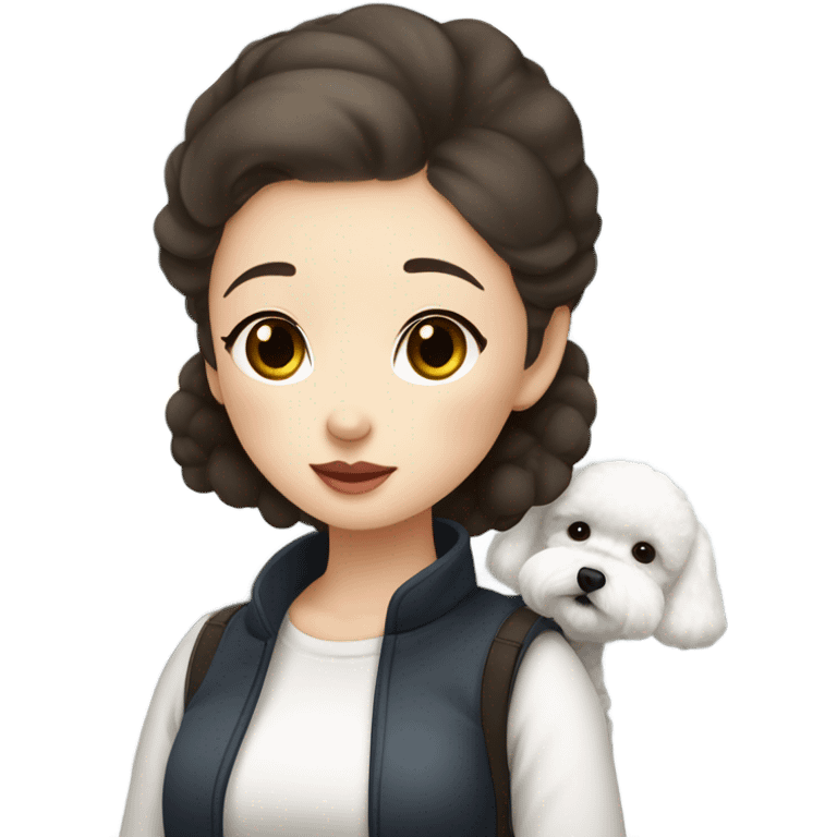 A cute korean style bichon frise with a dark-haired in a bun Asian woman at the airport  emoji