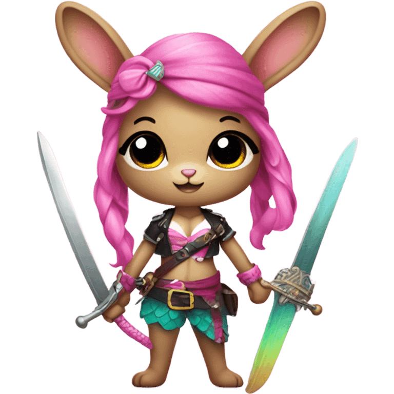 Rainbow mermaid bunny wearing pink pirate clothes and sword emoji