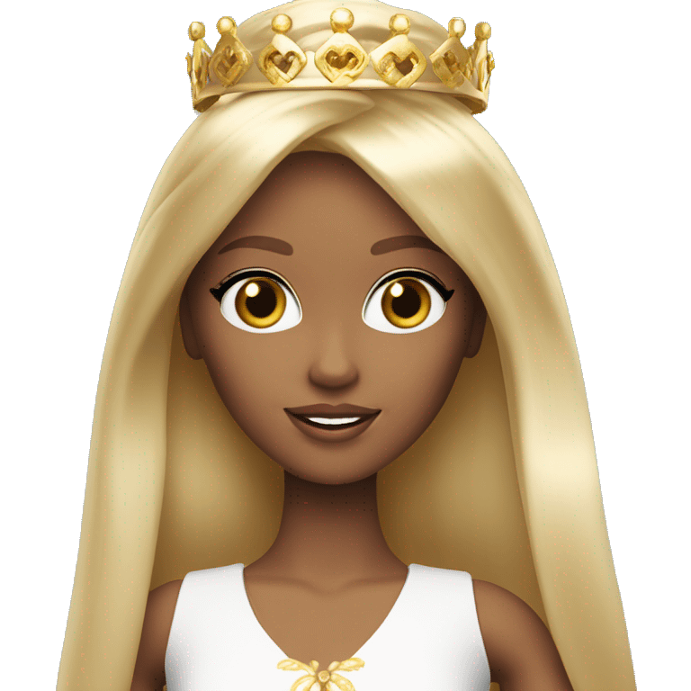 Blonde Barbie with bangs and long straight hair and hazel eyes wearing a gold crown emoji