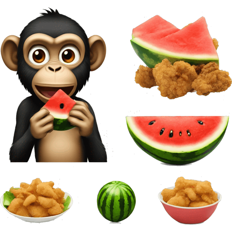 Monkey eating watermelon and a bowl of fried chicken emoji