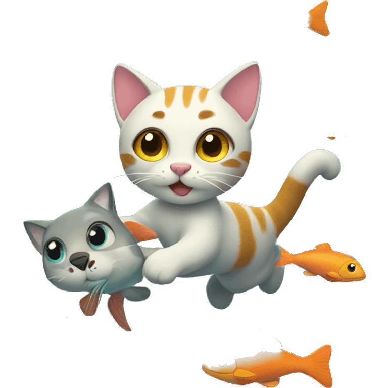 Cat swimming with fish emoji