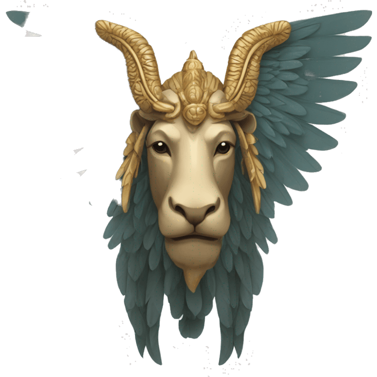 Lamassu, bearded human head, body of a bull, feathered wings that extend from its back emoji