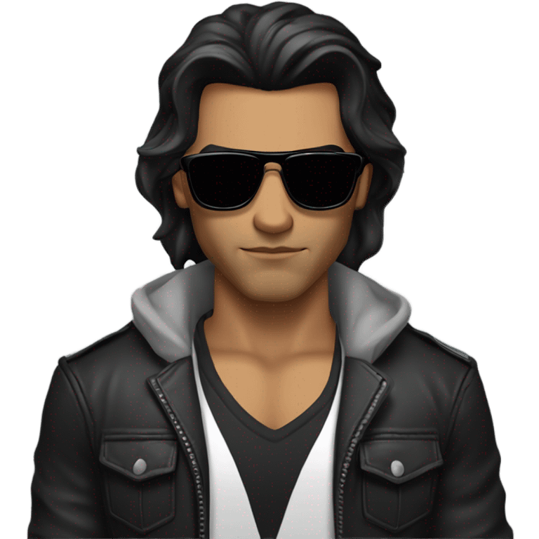 Man with long shoulder length black hair, masculine strong serious face, fine lips, black sunglasses, lather jacket, underneath black t-shirt, muscles emoji