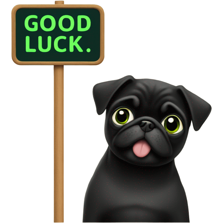 Black pug holding a green sign that says good luck  emoji