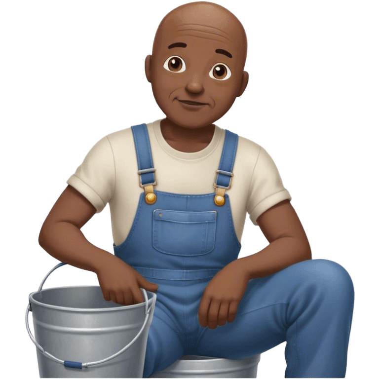 Old bald black man sitting on bucket wearing overalls emoji