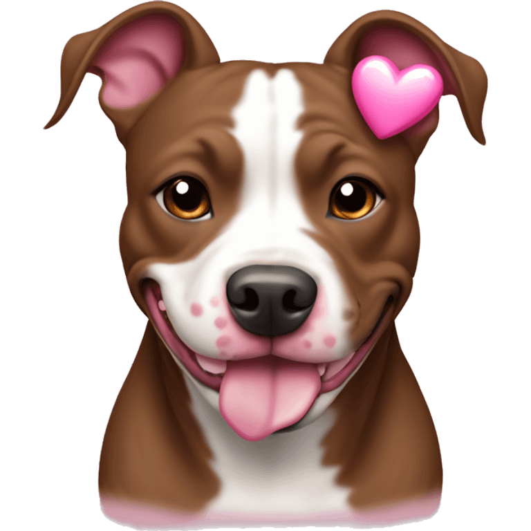 Happy brown and white pitbull with pink hearts by head emoji