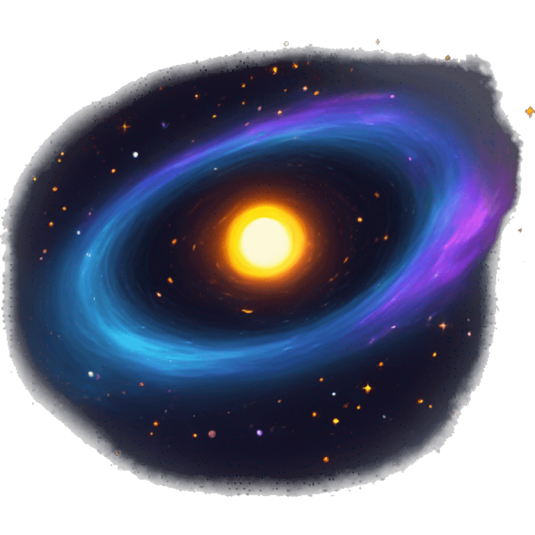 A black hole with a glowing, swirling accretion disk in orange, yellow, and white, with hints of red and blue. Distorted stars and vivid blue-violet jets contrast with the dark center. emoji