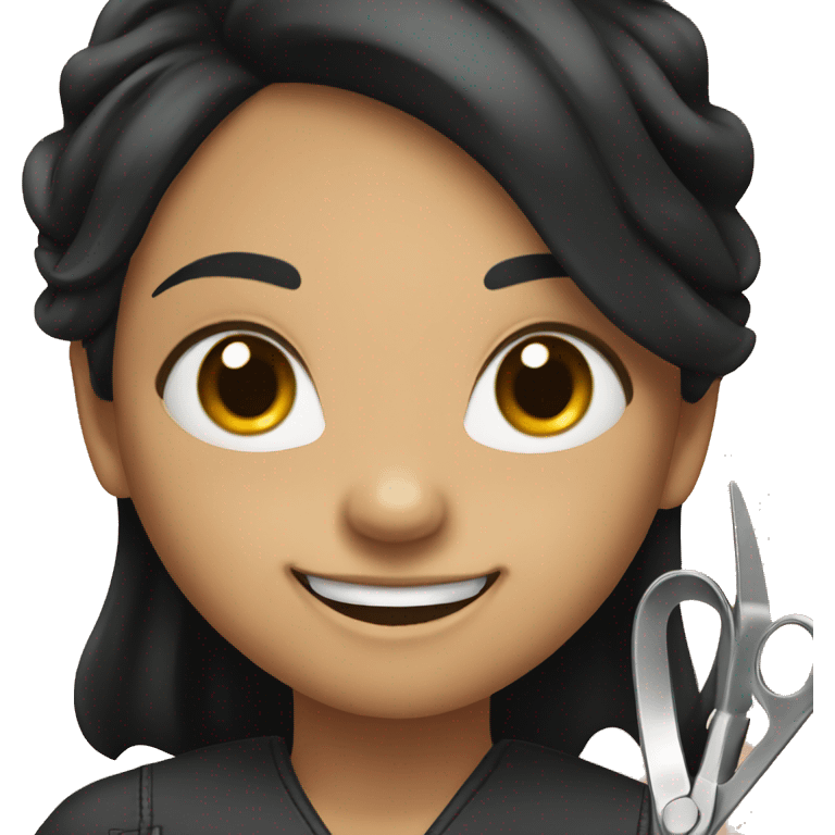 smiling girl with black hair holding scissors emoji