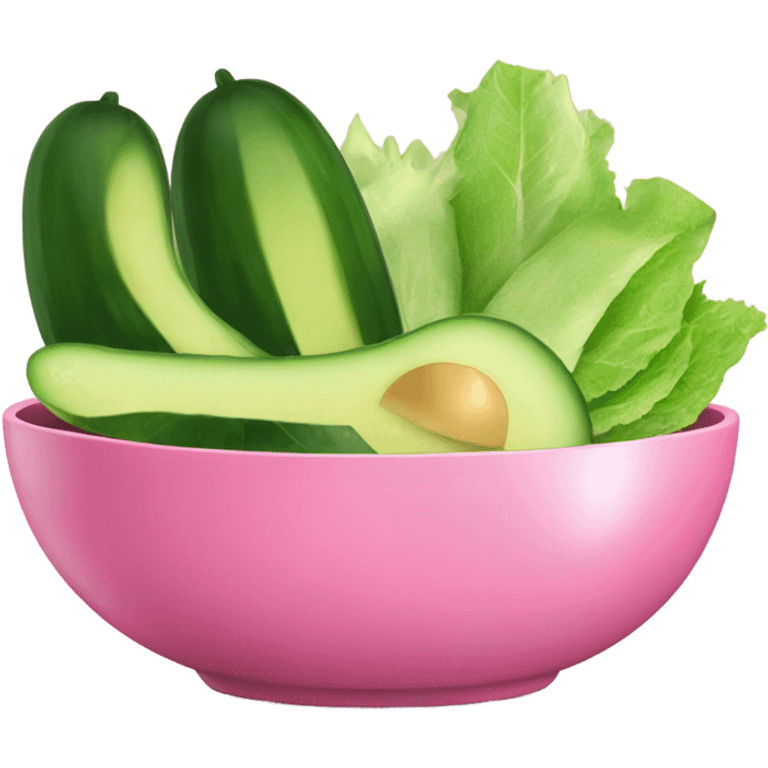 cucumber, avocado and lettuce chopped up in a pink bowl emoji