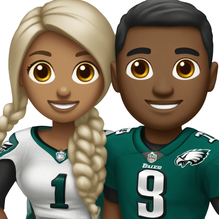 Brown skin couple in  Philadelphia Eagles clothing emoji