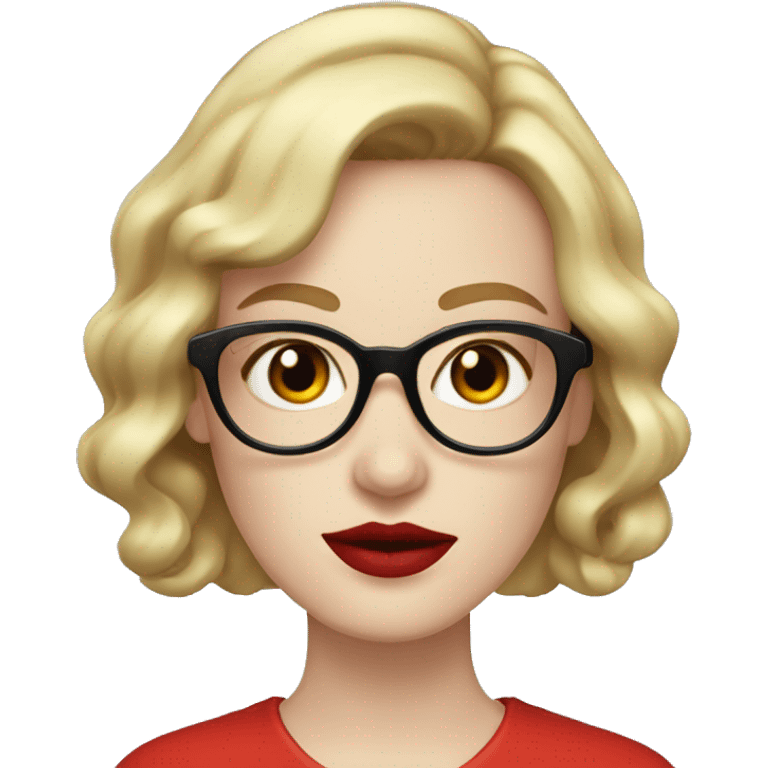 Woman with red wavy bobcut and black cateye glasses, pale skin and red lipstic emoji