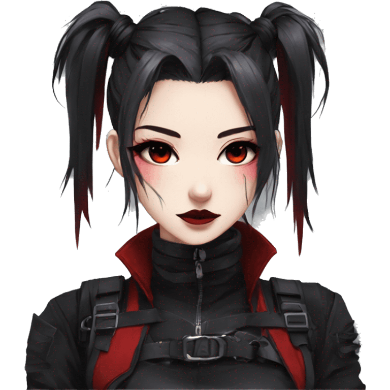 Gorgeous gothic dark techwear anime style lady with blushing face aesthetic and pretty edgy black red punk messy ponytail hair with collar and harness trending style emoji