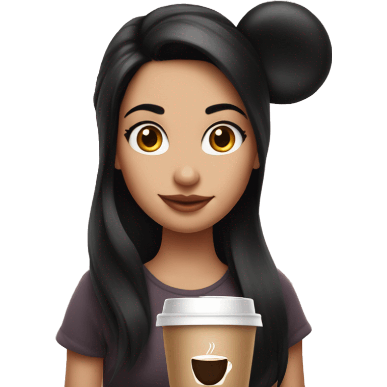 Dark haired girl with Minnie Mouse ears and a coffee emoji