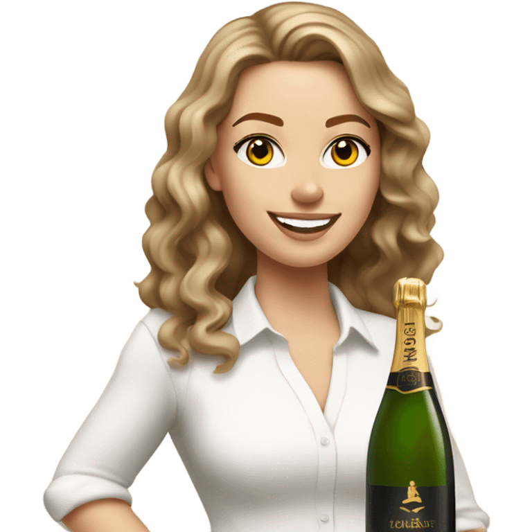 white girl with tan, carmen brown wavy hair, wearing a white v cut shirt holding a class of champagne. emoji