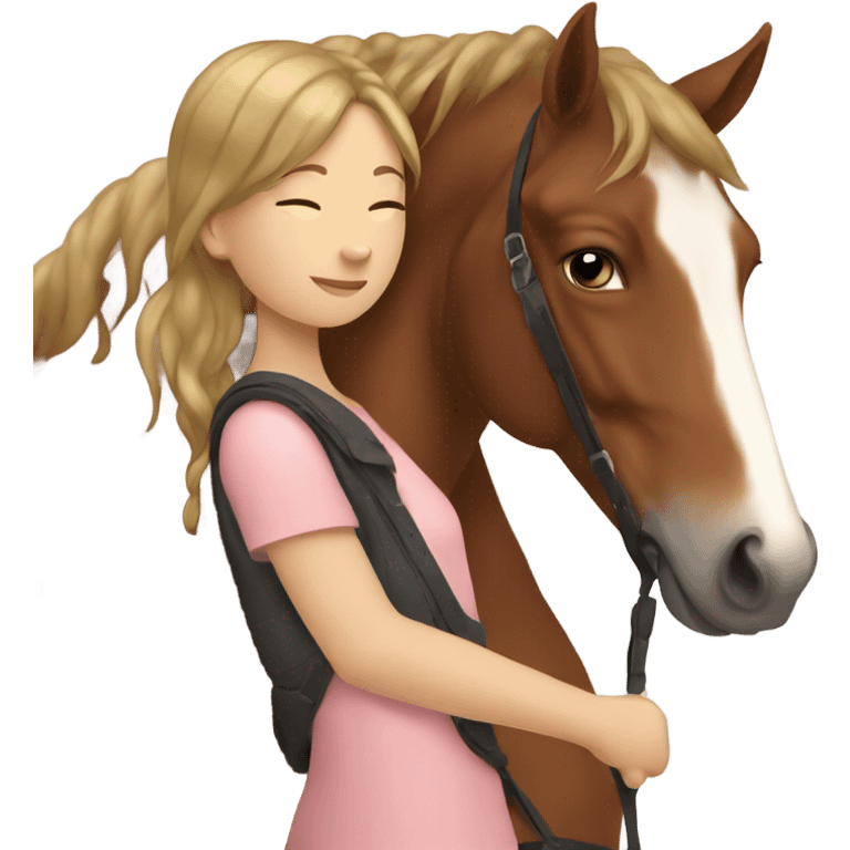 Girl hugging brown horse with white spots  emoji