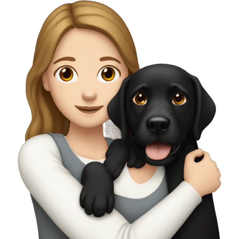 white girl with brown hair. hugging a black labrador emoji