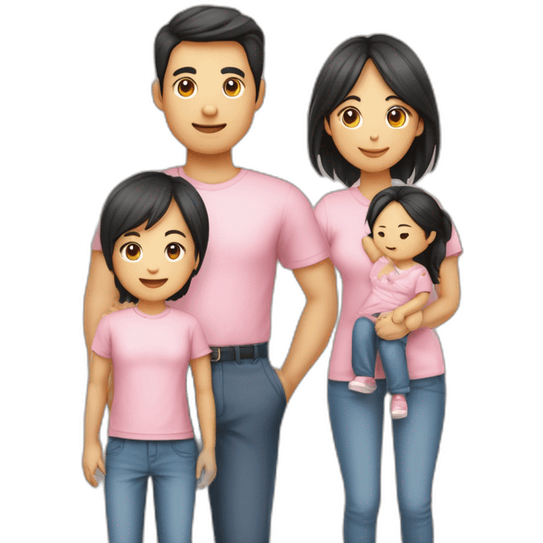 Famille 4 personne un fils aîné avec un t-shirt de basket une fille cadette au cheveux long un père asiatique une mère avec des formes emoji