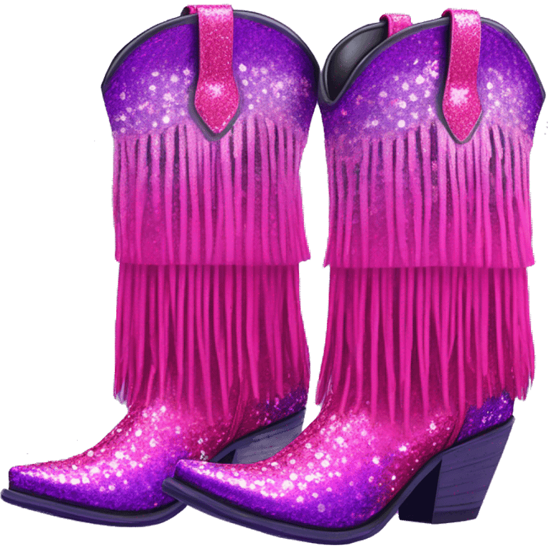 Realistic hot pink to purple ombre leopard print pair of fashion cowgirl boots with sparkly shiny glitter fringe on them. emoji