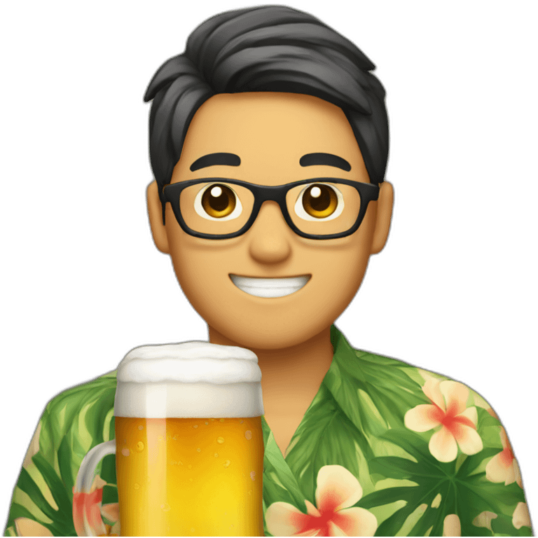 Japanese wearing glasses alohashirt is holding beer emoji