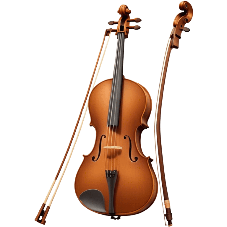 Create an elegant and refined emoji representing a Cremona 4/3F 4/4 cello with bow. The design should feature the distinctive, finely crafted body of the cello, highlighting its rich wooden finish and gracefully curved shape. The bow should be included, with visible horsehair and a polished wooden stick. Add subtle details like tuning pegs and strings to emphasize the precision and craftsmanship of the instrument. Use warm wood tones, deep brown, and soft metallic accents to reflect the high quality of the Cremona cello. The background should be transparent. emoji