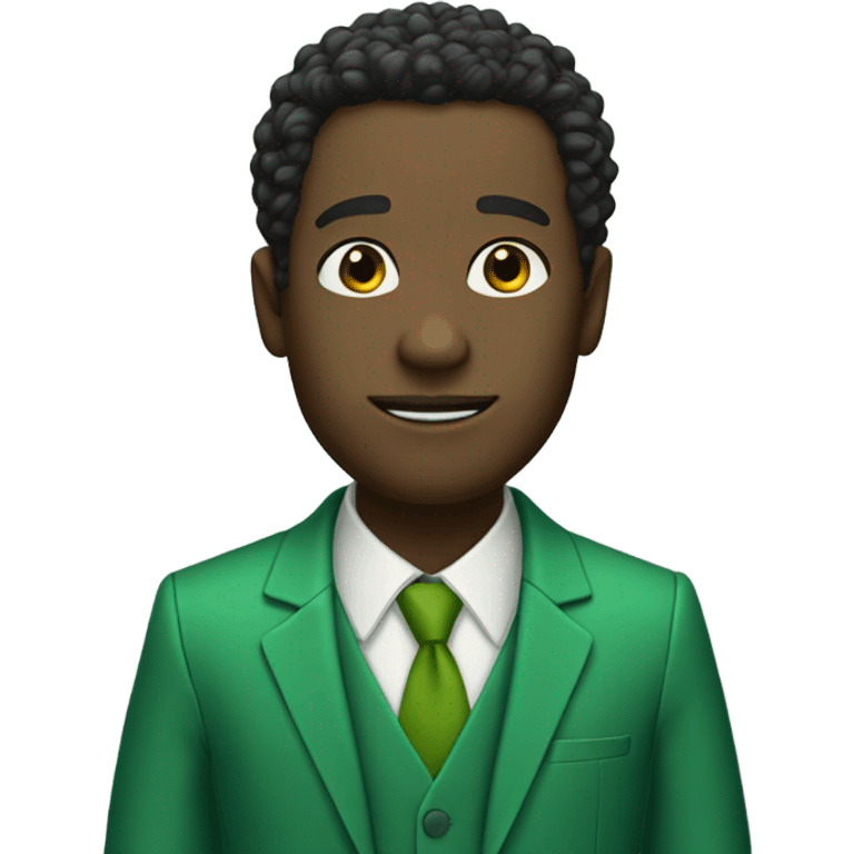 Black man wearing a green suit with hair that look like the letter v emoji