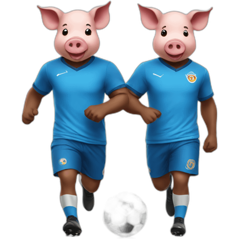 Two pigs playing soccer with a blue shirt emoji