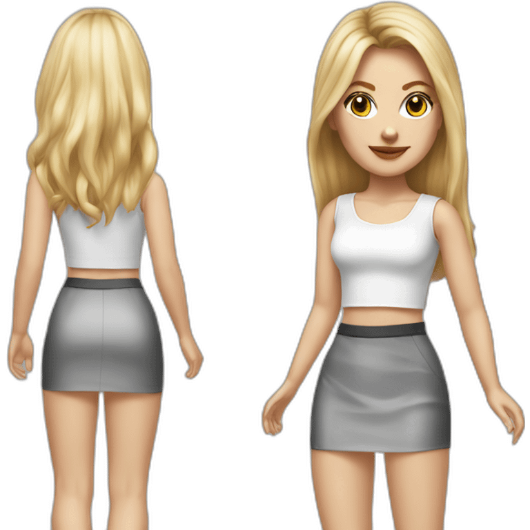 hyperrealist caucasian long blonde brown eyes woman white top gray mini tight skirt black heels emoji