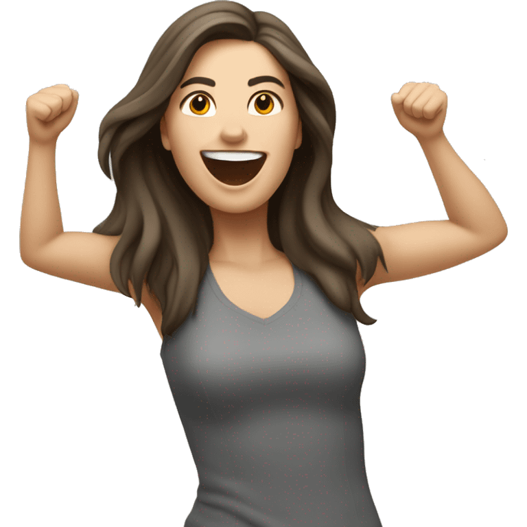 excited white brunette woman with arms raised above head dancing straight long hair  emoji