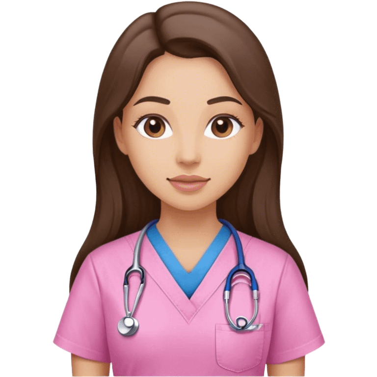 Nurse, woman, long brunette hair, pink scrubs emoji