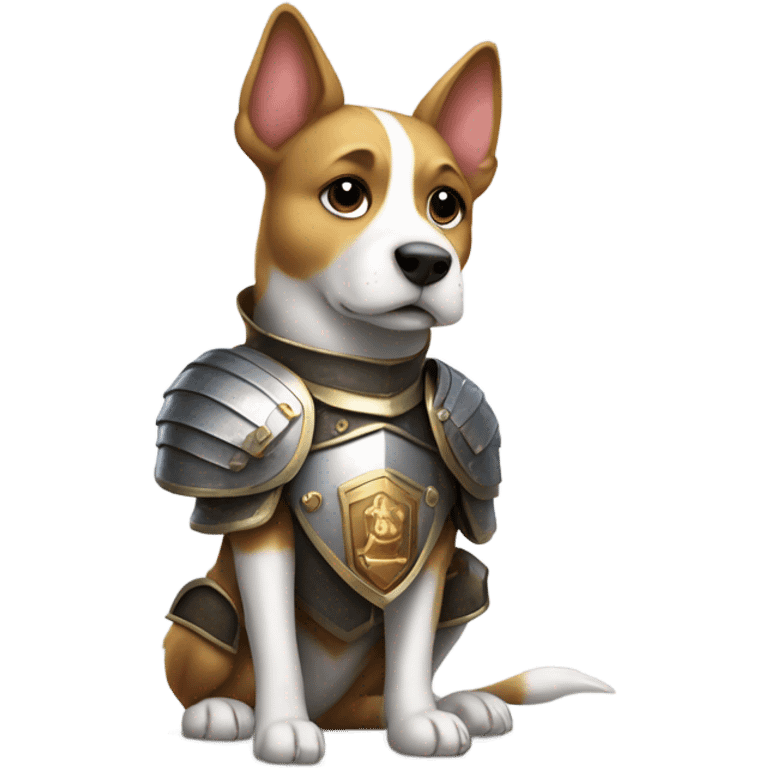 A dog wearing armor and holding a sword and shield emoji