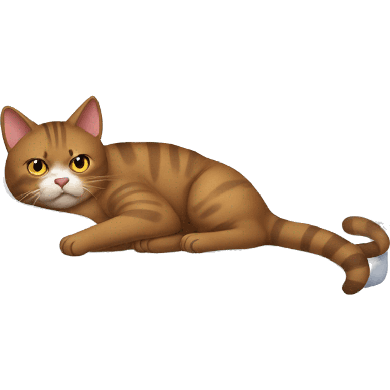 Ugly Fat brown cat flopped on a white bed emoji