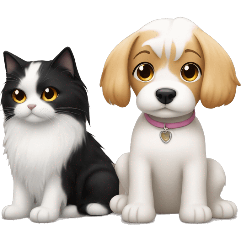 A girl with black hair cuddles a Maltese dog and ginger cat side by side  emoji