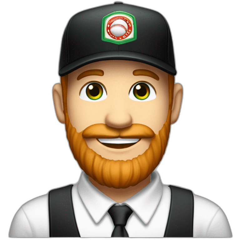 white-man, red-beard-green-eyesfrench-nose-happy-in-black-baseball-cap,-white-shirt-and-black-tie emoji