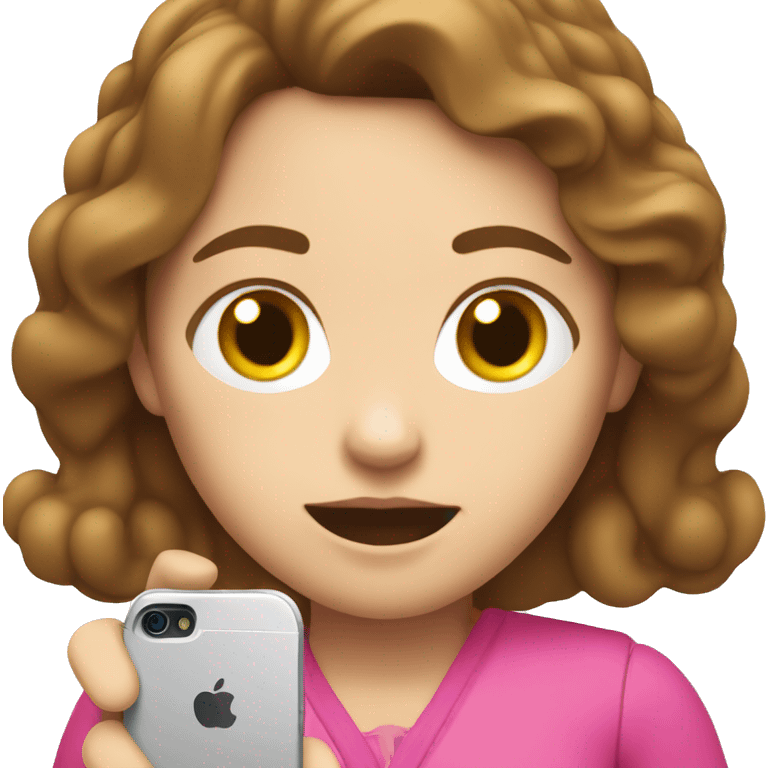 White woman, brown hair, holding a cell phone, and dressed in pink emoji