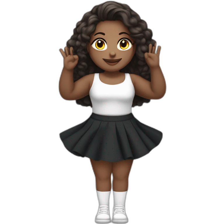 Front view full body curvy caucasian beauty sitting straight hands up black skirt white knickers white socks emoji