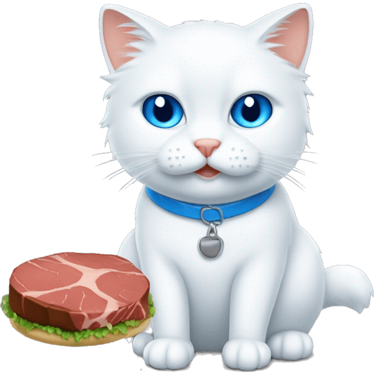 Fluffy white Cat with blue eyes eating steak emoji