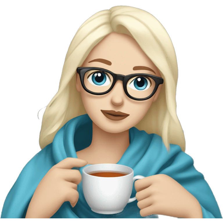 Pale blonde girl with blue eyes wearing glasses and pale man with short black hair and beard drinking tea under a blanket emoji