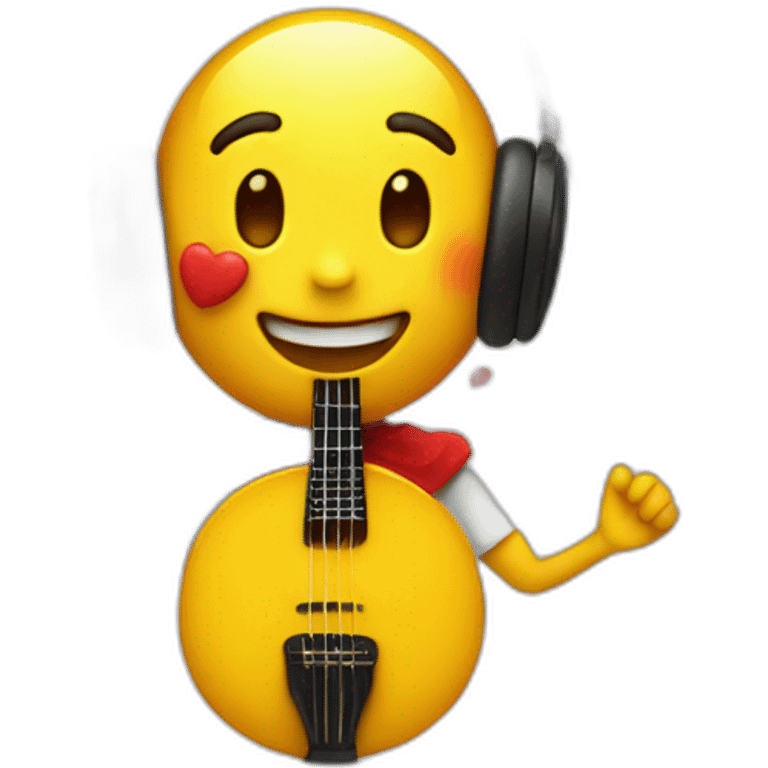 yellow emoji who has red hearts in his ears and loves music emoji