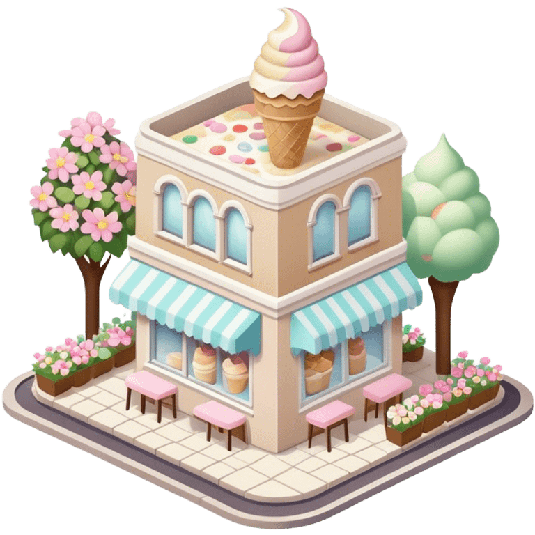 isometric exterior little beige and white ice cream parlour with abundant pastel florals everywhere emoji