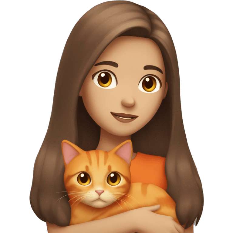  girl with brown long hair and brown eyes cuddling with a orange cat  emoji