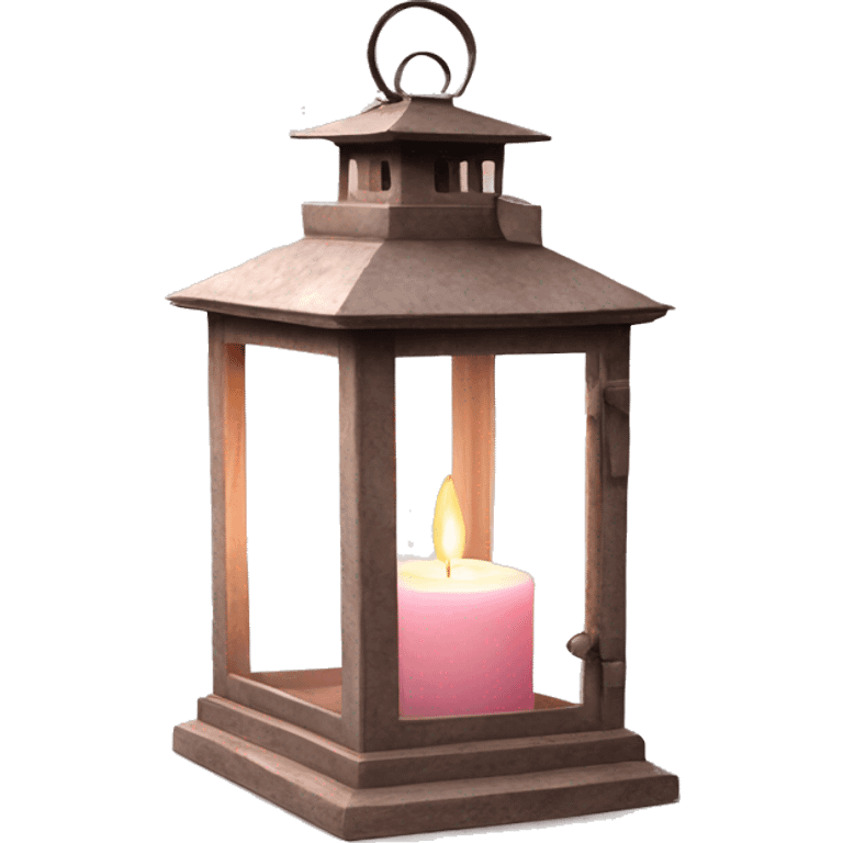 Realistic Single HD light pink rustic lantern with glass and lit candle inside. emoji