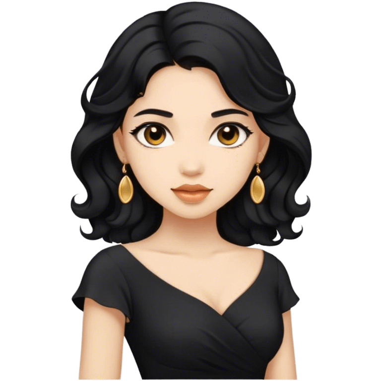 Beautiful woman,cute, light skin, half long wavy black hair in dark dress with gold earrings emoji